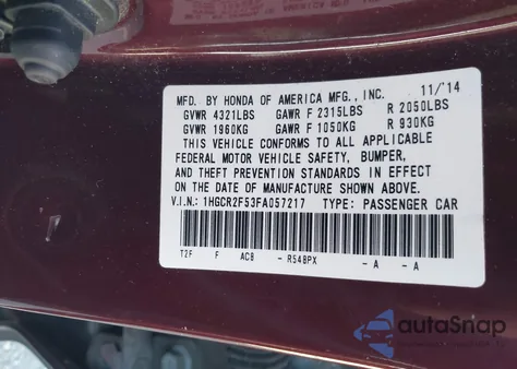 2015 Honda Accord Sport z USA, uszkodzony, nr VIN 1HGCR2F53FA057217